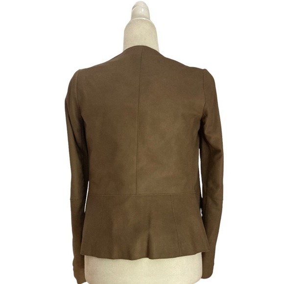 Vince Leather Jacket Draped Collar Open Front in Cocoa Brown - Picture 3 of 11